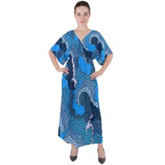 Blue Moving Texture Abstract Texture V-neck Boho Style Maxi Dress by Grandong