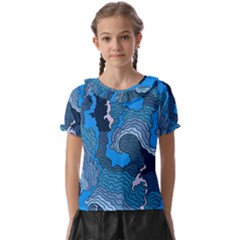 Blue Moving Texture Abstract Texture Kids  Frill Chiffon Blouse by Grandong