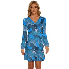 Blue Moving Texture Abstract Texture Long Sleeve Waist Tie Ruffle Velvet Dress