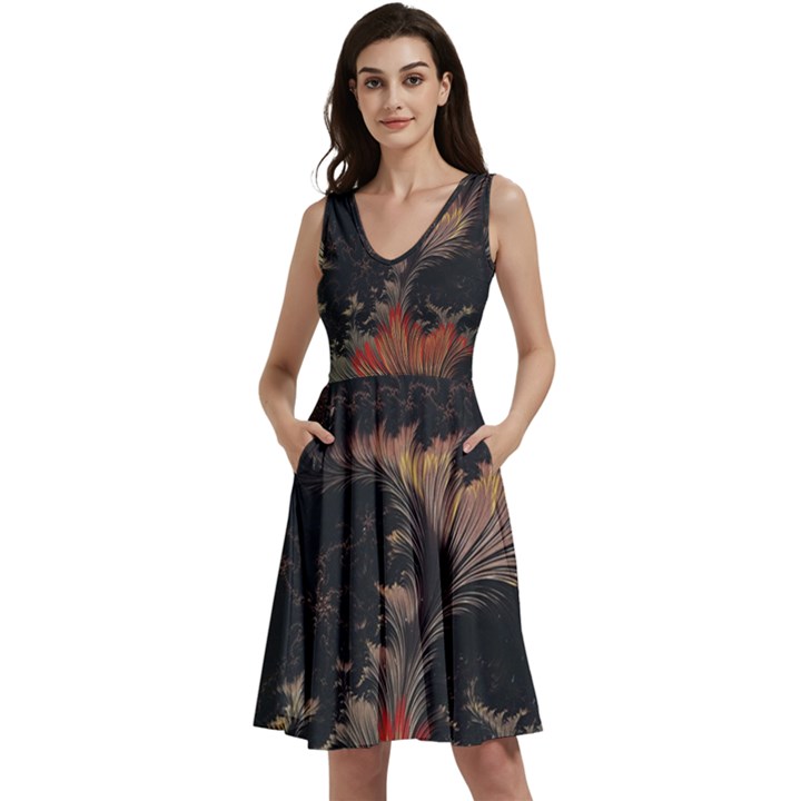 Fractal Digital Art Pattern Sleeveless V-Neck Skater Dress with Pockets