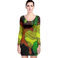 Colorful Autumn Leaves Texture Abstract Pattern Long Sleeve Velvet Bodycon Dress by Grandong