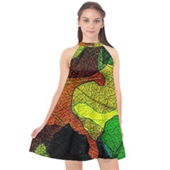 Colorful Autumn Leaves Texture Abstract Pattern Halter Neckline Chiffon Dress  by Grandong