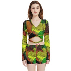 Colorful Autumn Leaves Texture Abstract Pattern Velvet Wrap Crop Top And Shorts Set by Grandong