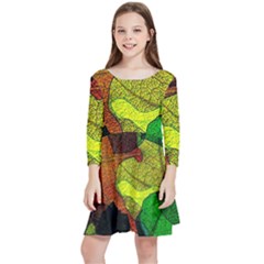 Colorful Autumn Leaves Texture Abstract Pattern Kids  Quarter Sleeve Skater Dress by Grandong