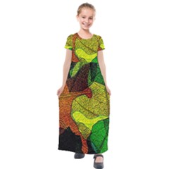 Colorful Autumn Leaves Texture Abstract Pattern Kids  Short Sleeve Maxi Dress by Grandong