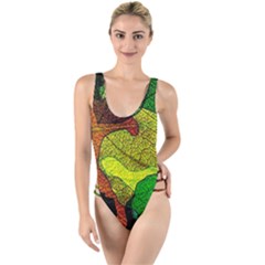 Colorful Autumn Leaves Texture Abstract Pattern High Leg Strappy Swimsuit by Grandong