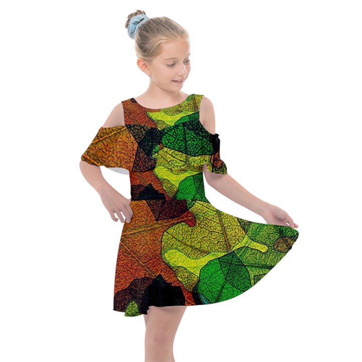 Colorful Autumn Leaves Texture Abstract Pattern Kids  Shoulder Cutout Chiffon Dress