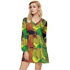 Colorful Autumn Leaves Texture Abstract Pattern Tiered Long Sleeve Mini Dress by Grandong