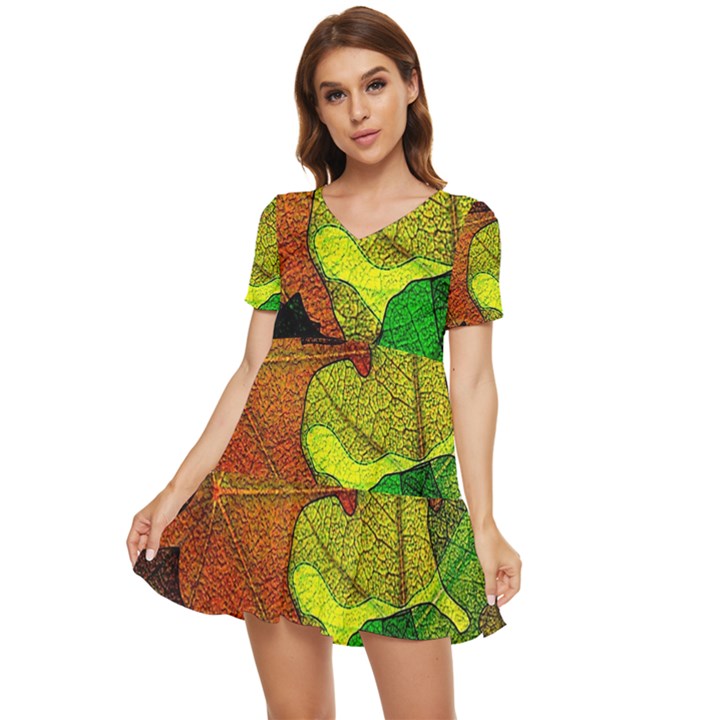 Colorful Autumn Leaves Texture Abstract Pattern Tiered Short Sleeve Babydoll Dress