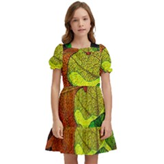 Colorful Autumn Leaves Texture Abstract Pattern Kids  Puff Sleeved Dress by Grandong