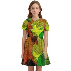 Colorful Autumn Leaves Texture Abstract Pattern Kids  Bow Tie Puff Sleeve Dress by Grandong