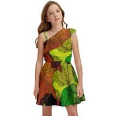 Colorful Autumn Leaves Texture Abstract Pattern Kids  One Shoulder Party Dress by Grandong