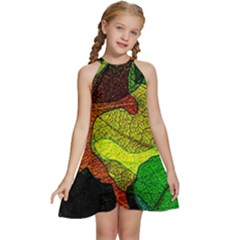 Colorful Autumn Leaves Texture Abstract Pattern Kids  Halter Collar Waist Tie Chiffon Dress by Grandong