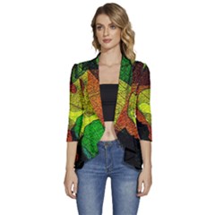 Colorful Autumn Leaves Texture Abstract Pattern Women s 3/4 Sleeve Ruffle Edge Open Front Jacket by Grandong