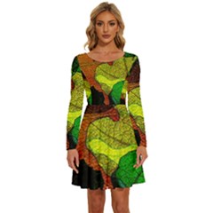 Colorful Autumn Leaves Texture Abstract Pattern Long Sleeve Wide Neck Velvet Dress by Grandong