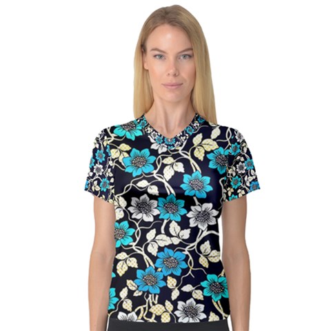 Blue Flower Pattern Floral Pattern V-neck Sport Mesh T-shirt by Grandong