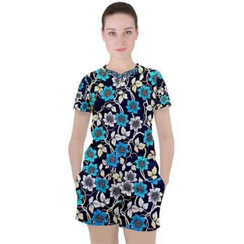 Blue Flower Pattern Floral Pattern Women s T-shirt And Shorts Set by Grandong