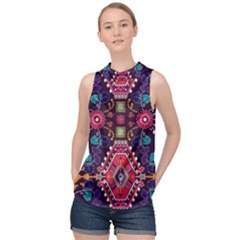 Pattern Ornament Motif Colorful Texture High Neck Satin Top by Grandong