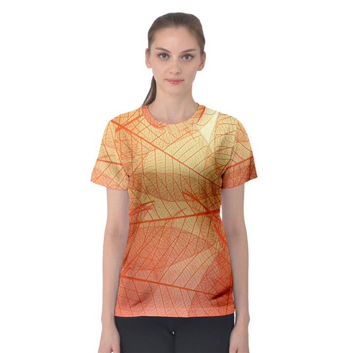 Abstract Texture Of Colorful Bright Pattern Transparent Leaves Orange And Yellow Color Women s Sport Mesh T-Shirt