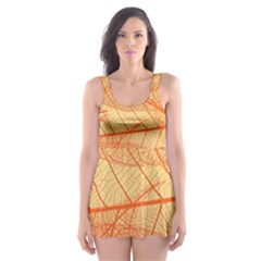 Abstract Texture Of Colorful Bright Pattern Transparent Leaves Orange And Yellow Color Skater Dress Swimsuit by Grandong