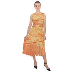 Abstract Texture Of Colorful Bright Pattern Transparent Leaves Orange And Yellow Color Midi Tie-back Chiffon Dress by Grandong