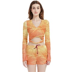 Abstract Texture Of Colorful Bright Pattern Transparent Leaves Orange And Yellow Color Velvet Wrap Crop Top And Shorts Set by Grandong