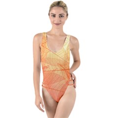 Abstract Texture Of Colorful Bright Pattern Transparent Leaves Orange And Yellow Color High Leg Strappy Swimsuit by Grandong