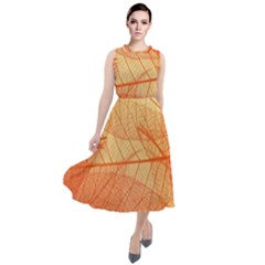 Abstract Texture Of Colorful Bright Pattern Transparent Leaves Orange And Yellow Color Round Neck Boho Dress by Grandong