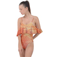 Abstract Texture Of Colorful Bright Pattern Transparent Leaves Orange And Yellow Color Drape Piece Swimsuit by Grandong