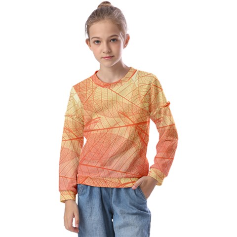 Abstract Texture Of Colorful Bright Pattern Transparent Leaves Orange And Yellow Color Kids  Long Sleeve T-shirt With Frill  by Grandong