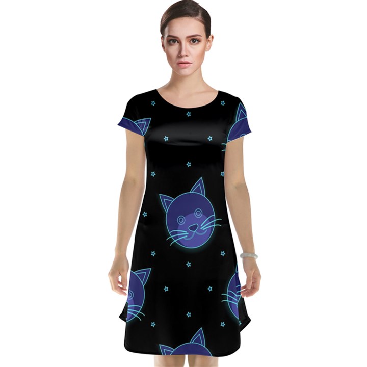 Vector Illustration Of Cat Animal Face Pattern Cap Sleeve Nightdress