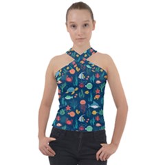 Fish Sea Animals Pattern Cross Neck Velour Top by Ndabl3x