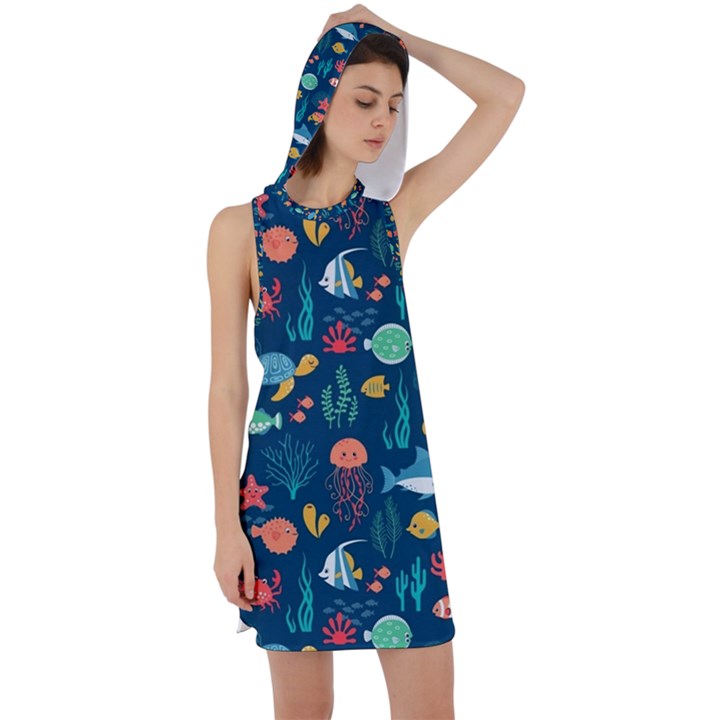 Fish Sea Animals Pattern Racer Back Hoodie Dress