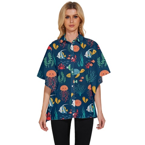 Fish Sea Animals Pattern Women s Batwing Button Up Shirt by Ndabl3x