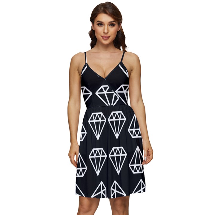 Black Diamond Pattern V-Neck Pocket Summer Dress 