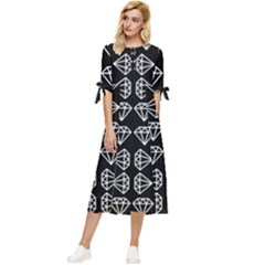 Black Diamond Pattern Bow Sleeve Chiffon Midi Dress