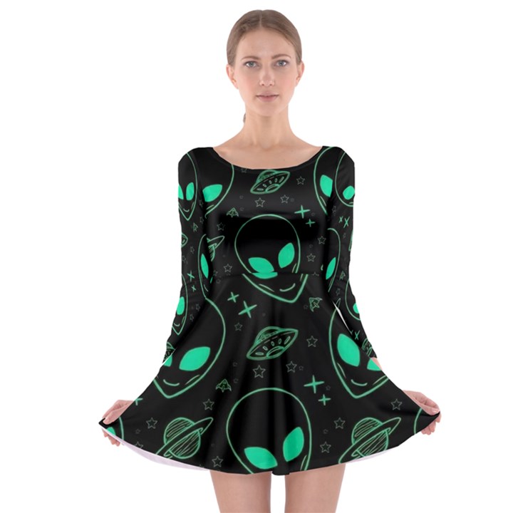 Alien Green Black Pattern Long Sleeve Skater Dress