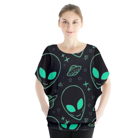 Alien Green Black Pattern Batwing Chiffon Blouse by Ndabl3x