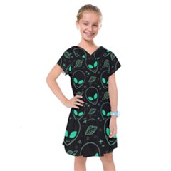 Alien Green Black Pattern Kids  Drop Waist Dress by Ndabl3x