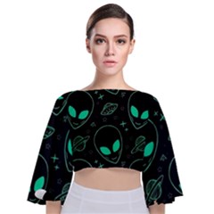 Alien Green Black Pattern Tie Back Butterfly Sleeve Chiffon Top by Ndabl3x