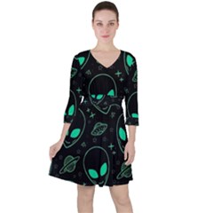 Alien Green Black Pattern Quarter Sleeve Ruffle Waist Dress by Ndabl3x