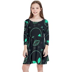 Alien Green Black Pattern Kids  Quarter Sleeve Skater Dress by Ndabl3x