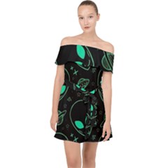 Alien Green Black Pattern Off Shoulder Chiffon Dress by Ndabl3x