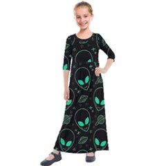 Alien Green Black Pattern Kids  Quarter Sleeve Maxi Dress by Ndabl3x