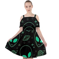 Alien Green Black Pattern Cut Out Shoulders Chiffon Dress by Ndabl3x