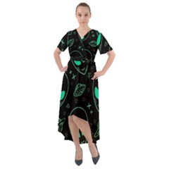 Alien Green Black Pattern Front Wrap High Low Dress by Ndabl3x