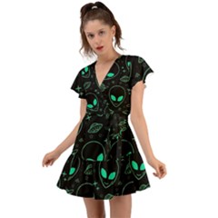 Alien Green Black Pattern Flutter Sleeve Wrap Dress by Ndabl3x