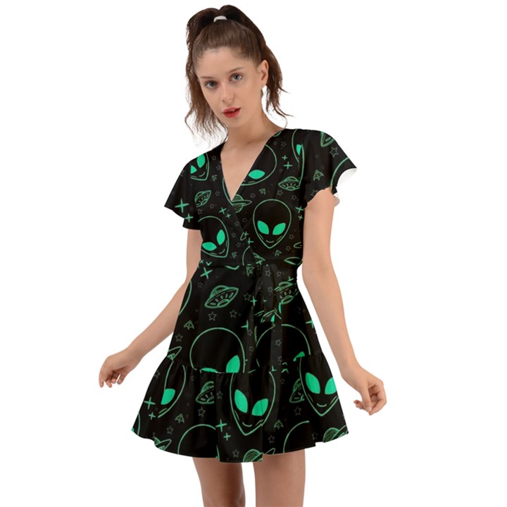 Alien Green Black Pattern Flutter Sleeve Wrap Dress