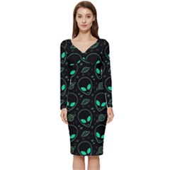 Alien Green Black Pattern Long Sleeve V-neck Bodycon Dress  by Ndabl3x