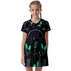 Alien Green Black Pattern Kids  Asymmetric Collar Dress by Ndabl3x